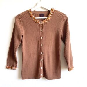 Brown Ribbed Long Sleeve Top Cardigan Sweater with Beaded Cuffs